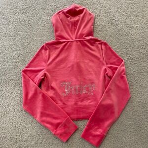 Juicy Couture Velour Hoodie Womens Small Hot Pink Cropped‎ Rhinestone Full Zip